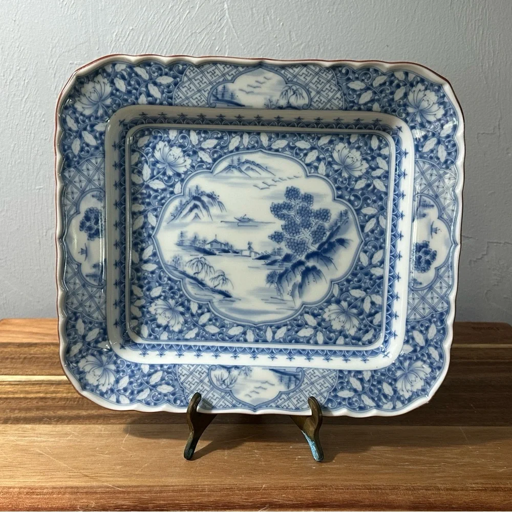 Antique Blue and White Scenic Porcelain Serving Platter - Picture 3 of 9
